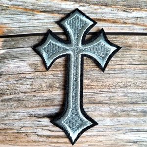 Silver Black Cross Embroidered Iron on Patch